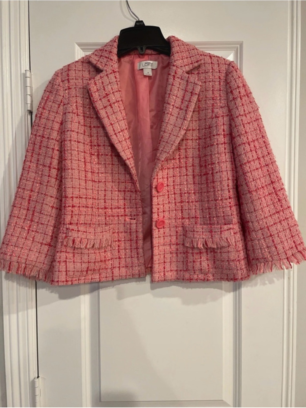 LOFT Pink Tweed Boxy Blazer with Fringe Trim